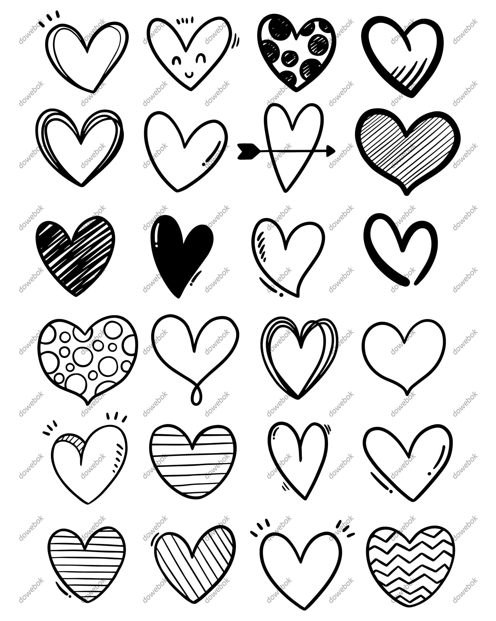 24个手绘涂鸦风格的爱心矢量素材(EPS)