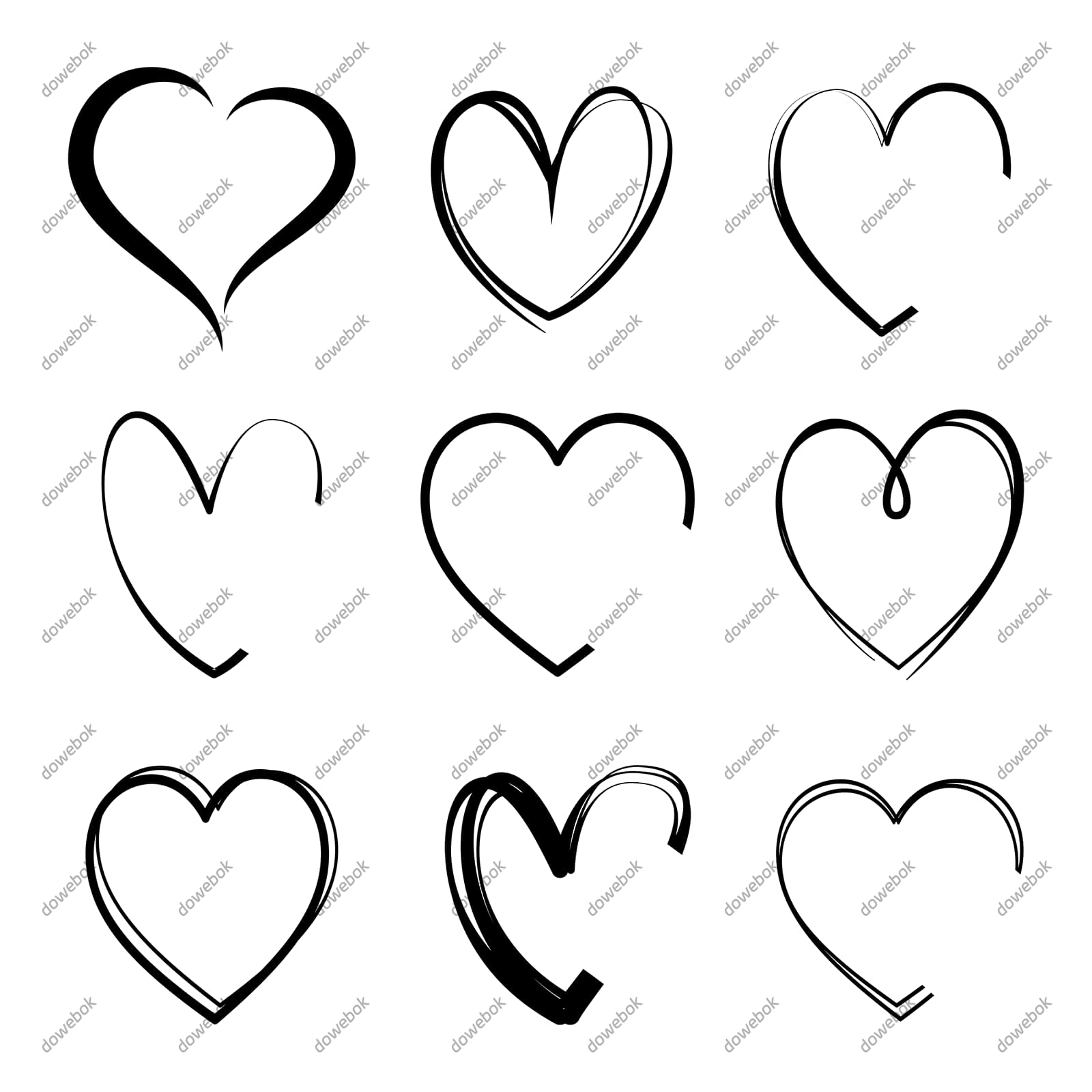 九个手绘涂鸦风格的爱心矢量素材(EPS)