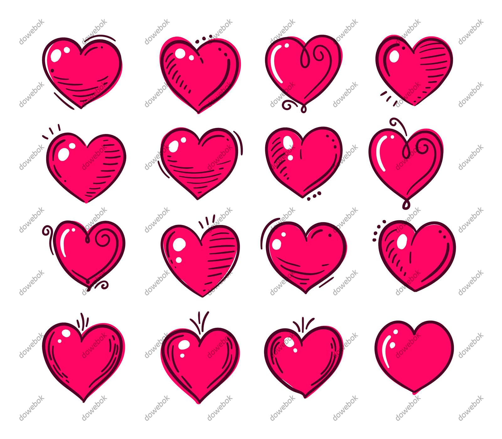 16个手绘涂鸦风格的红色爱心矢量素材(AI/EPS)