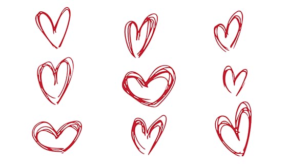 九个手绘涂鸦风格的爱心矢量素材(EPS)