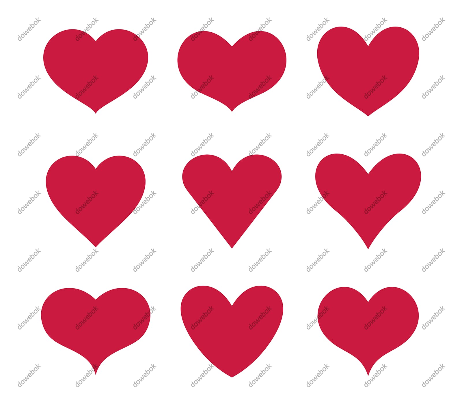 九个不同形状的红色爱心矢量素材(EPS)