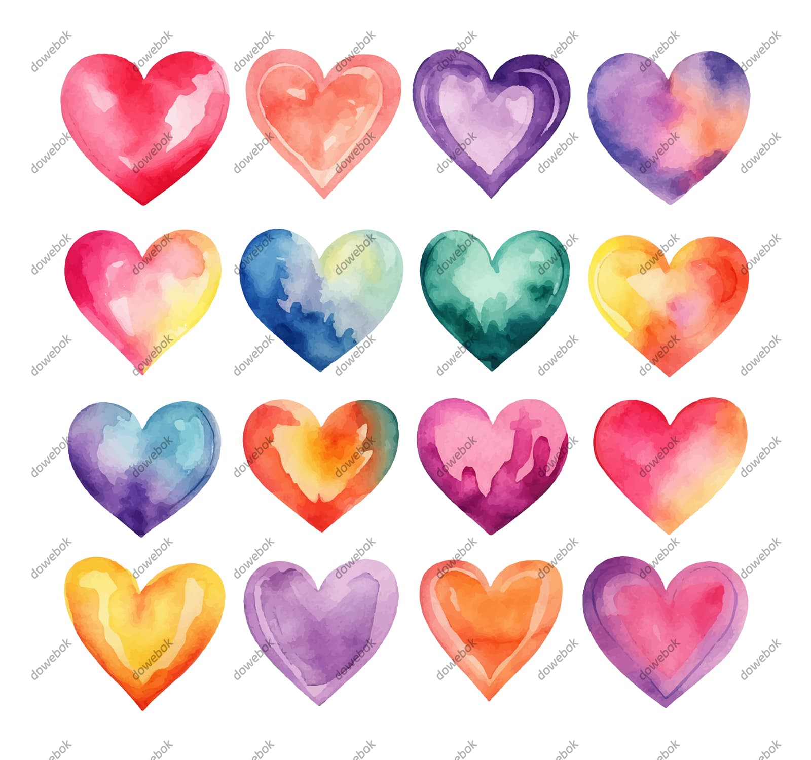 16个手绘水彩风格的爱心矢量素材(EPS)