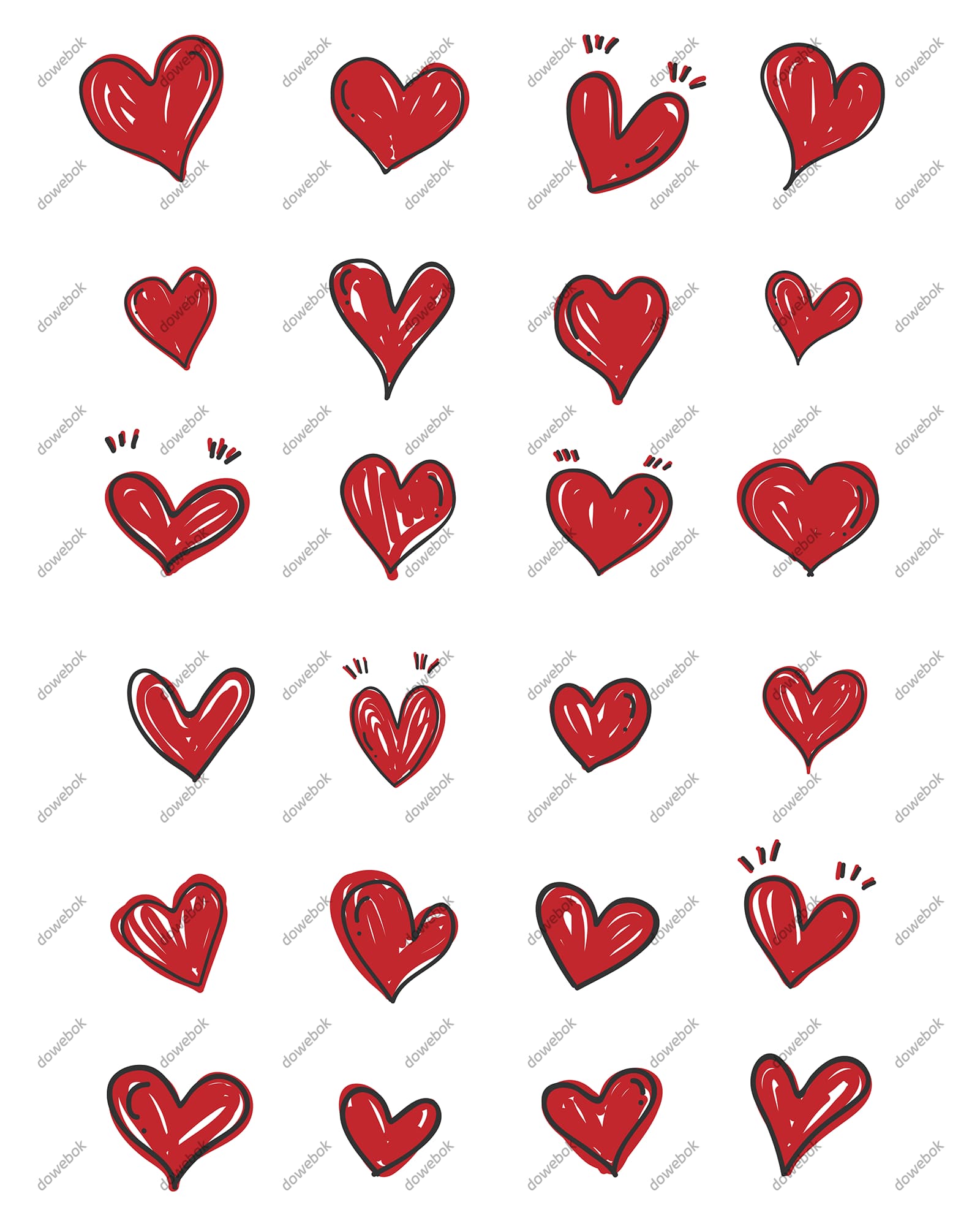 12个手绘涂鸦风格的红色爱心矢量素材(EPS)