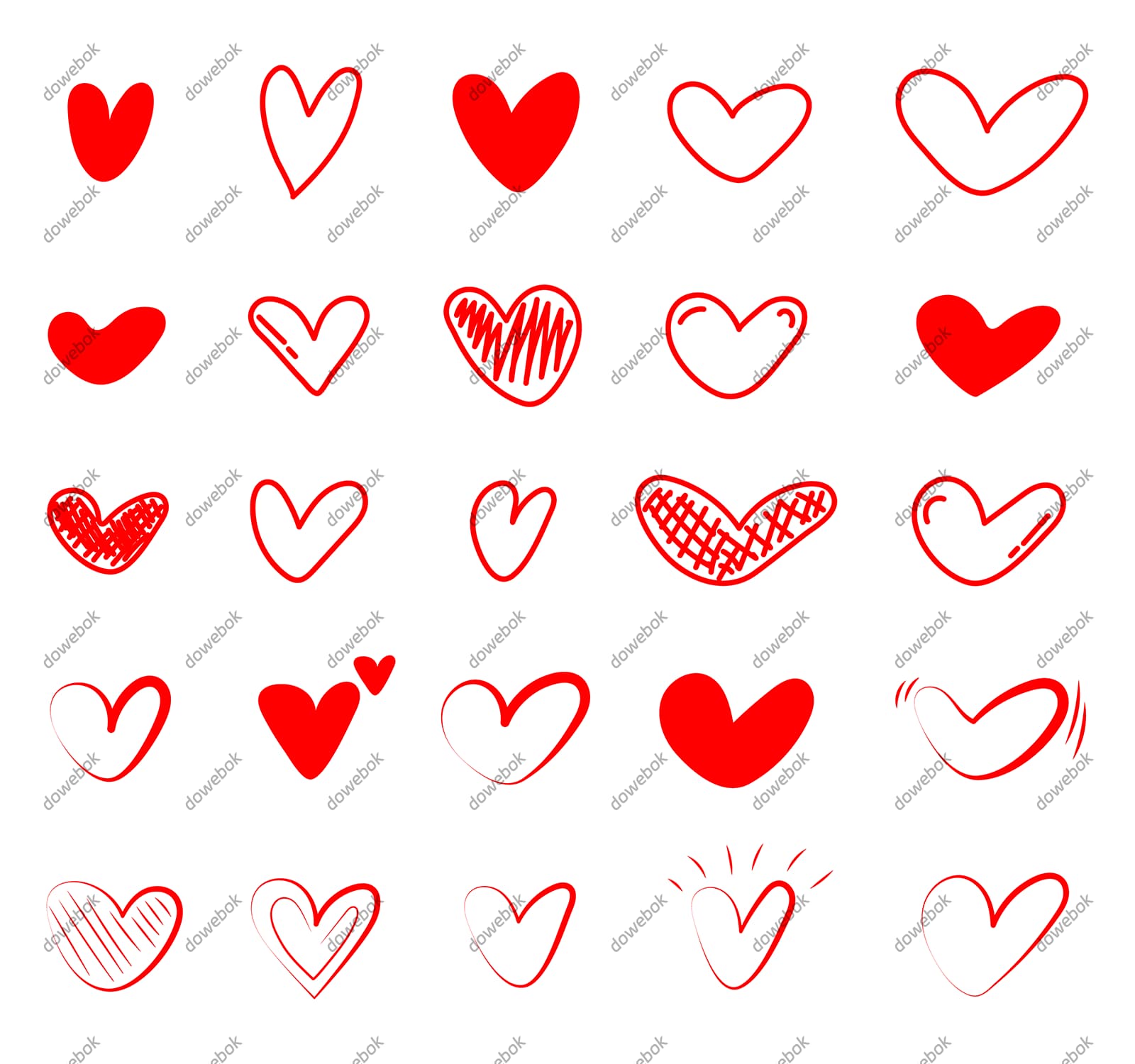 25个手绘涂鸦风格的红色爱心矢量素材(EPS)