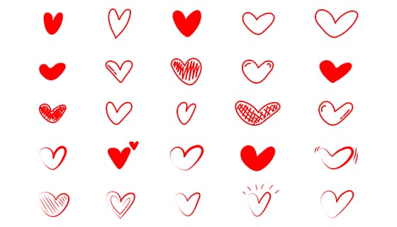 25个手绘涂鸦风格的红色爱心矢量素材(EPS)