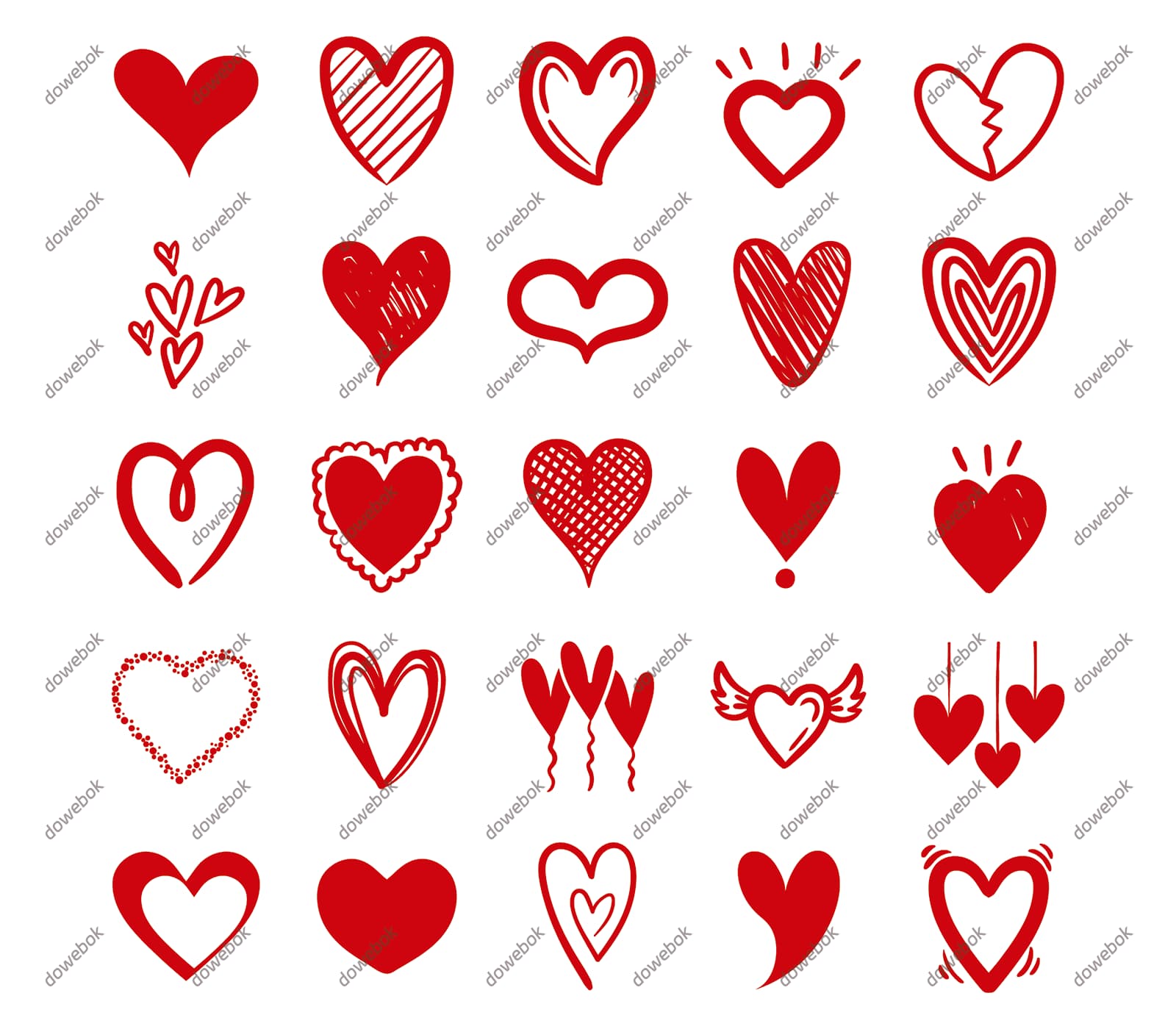 25个手绘涂鸦风格的红色爱心矢量素材(EPS)