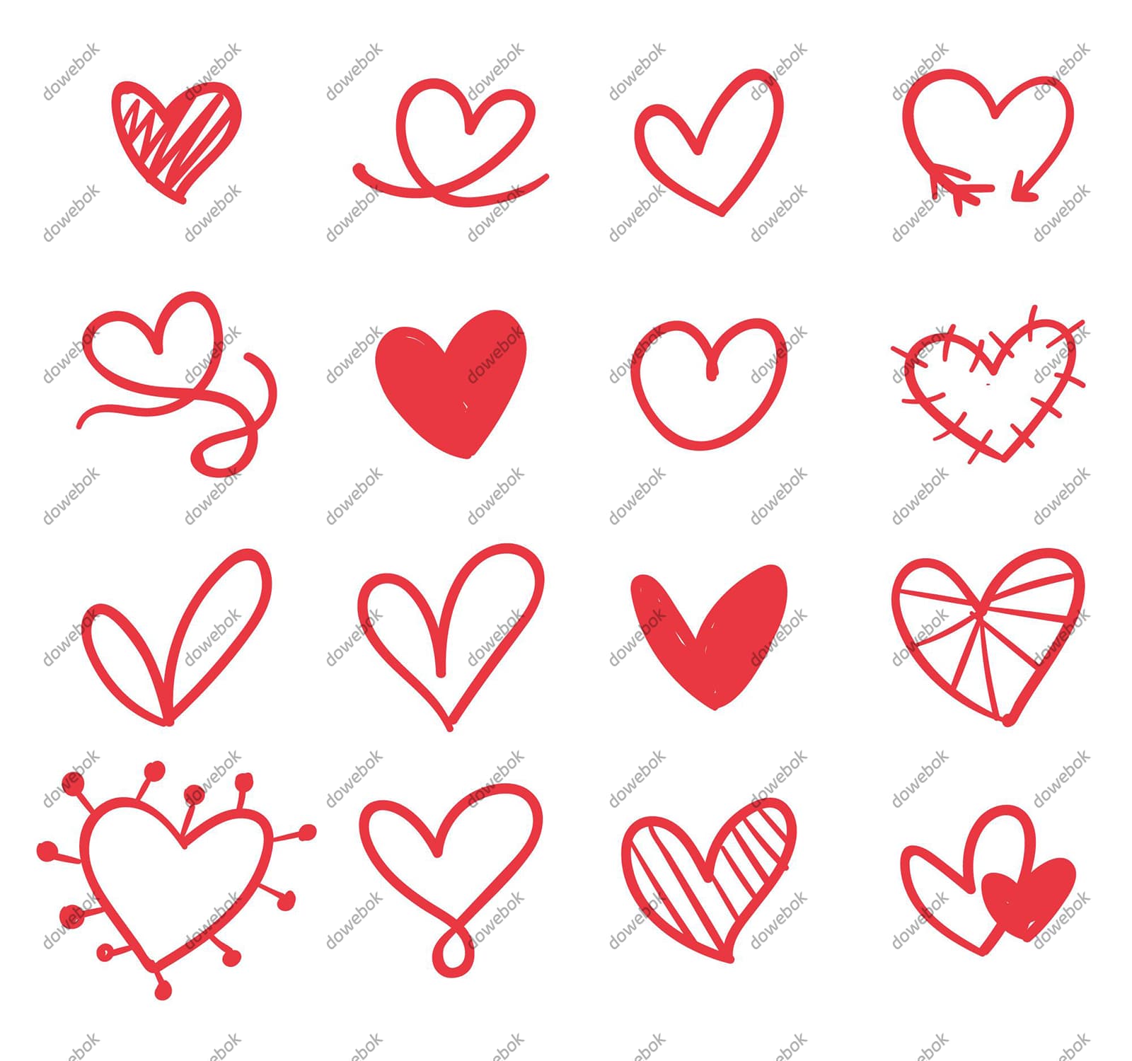 16个手绘涂鸦风格的红色爱心矢量素材(AI/EPS)