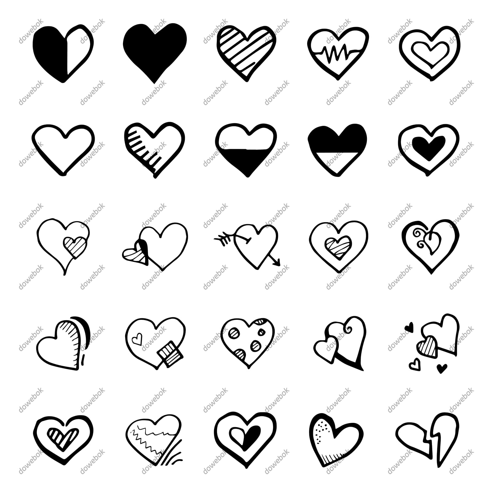 25个手绘涂鸦风格的爱心矢量素材(EPS)