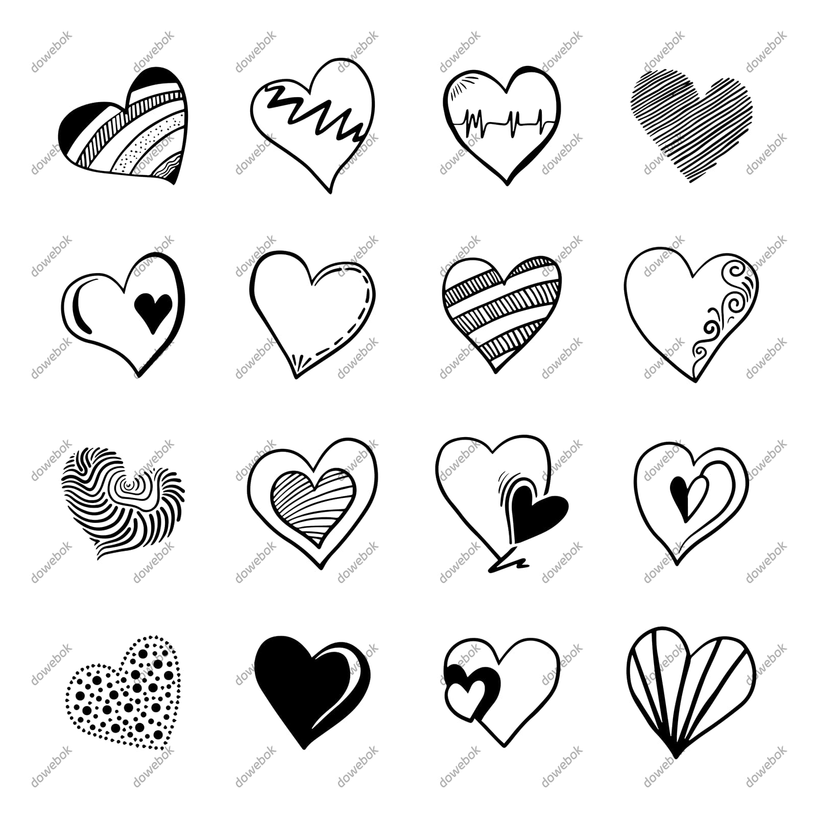 16个手绘涂鸦风格的爱心矢量素材(EPS)