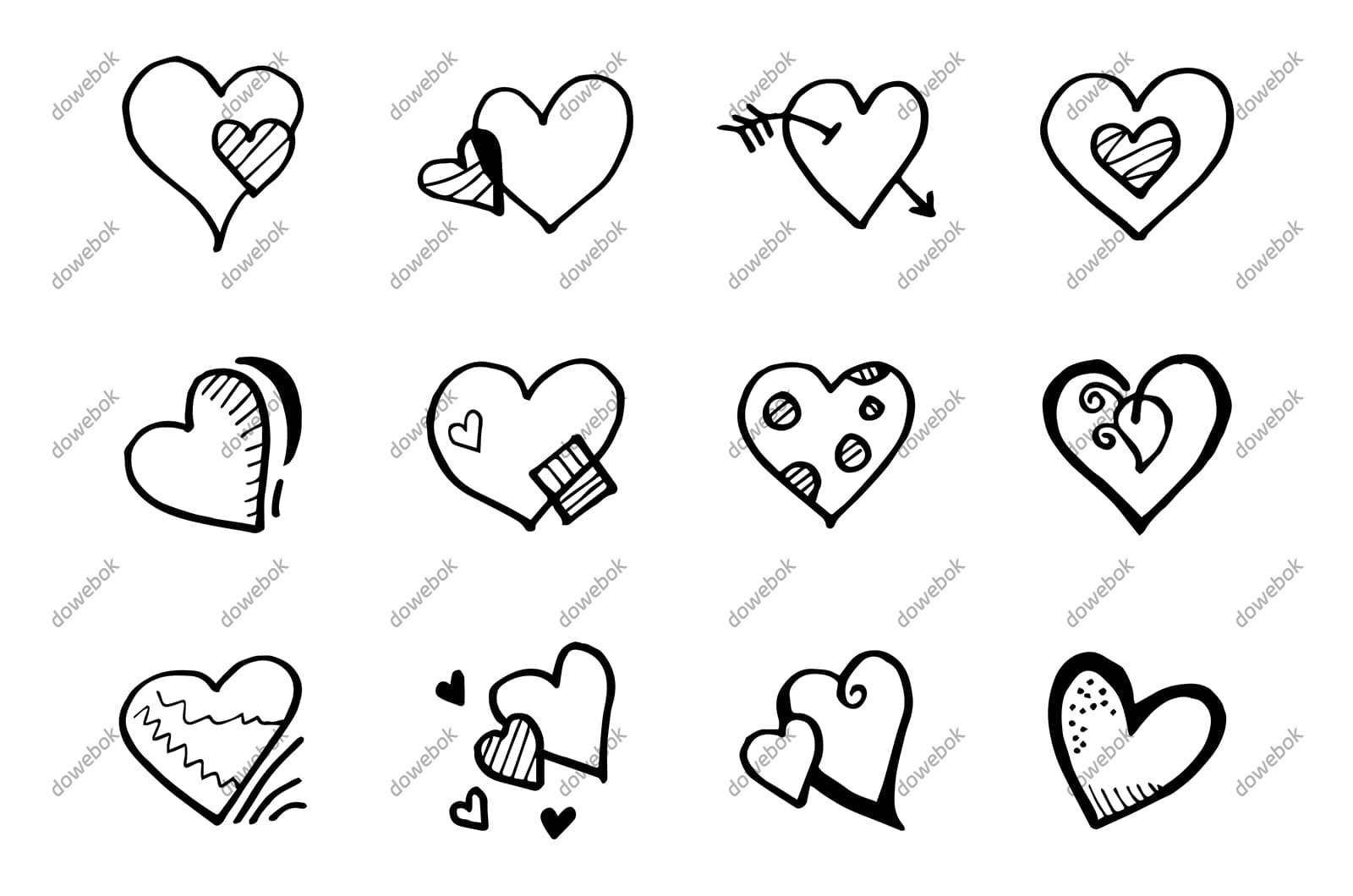12个手绘涂鸦风格的爱心矢量素材(EPS)