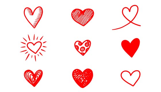 九个手绘涂鸦风格的红色爱心矢量素材(EPS)