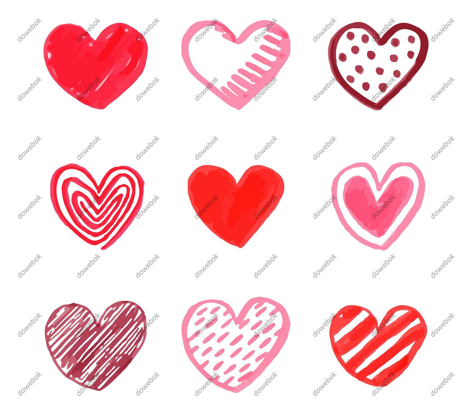 九个手绘涂鸦风格的爱心矢量素材(AI/EPS)