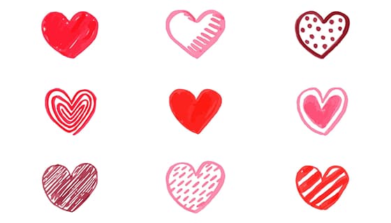 九个手绘涂鸦风格的爱心矢量素材(AI/EPS)