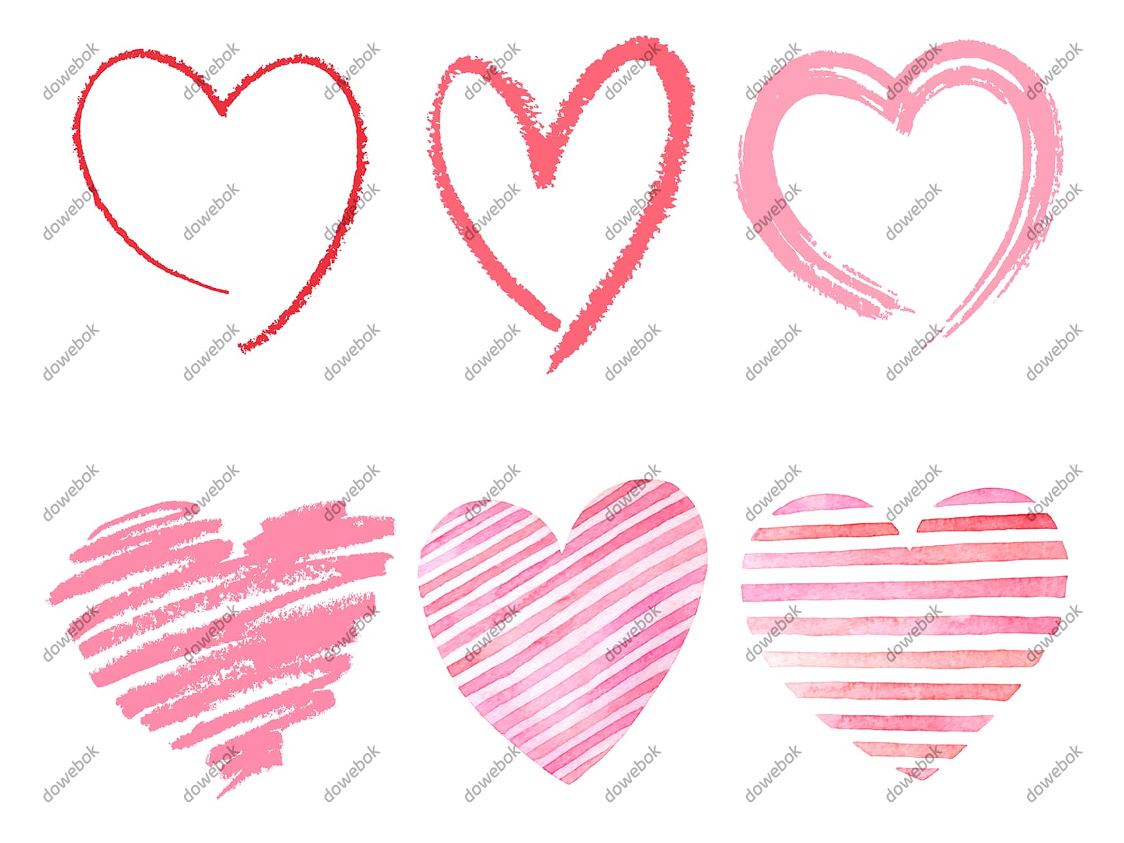 六个手绘涂鸦风格的红色爱心矢量素材(EPS)