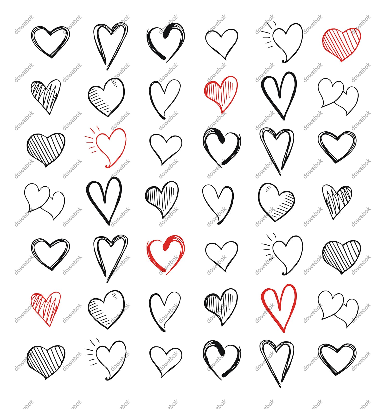 42个手绘涂鸦风格的爱心矢量素材(EPS)