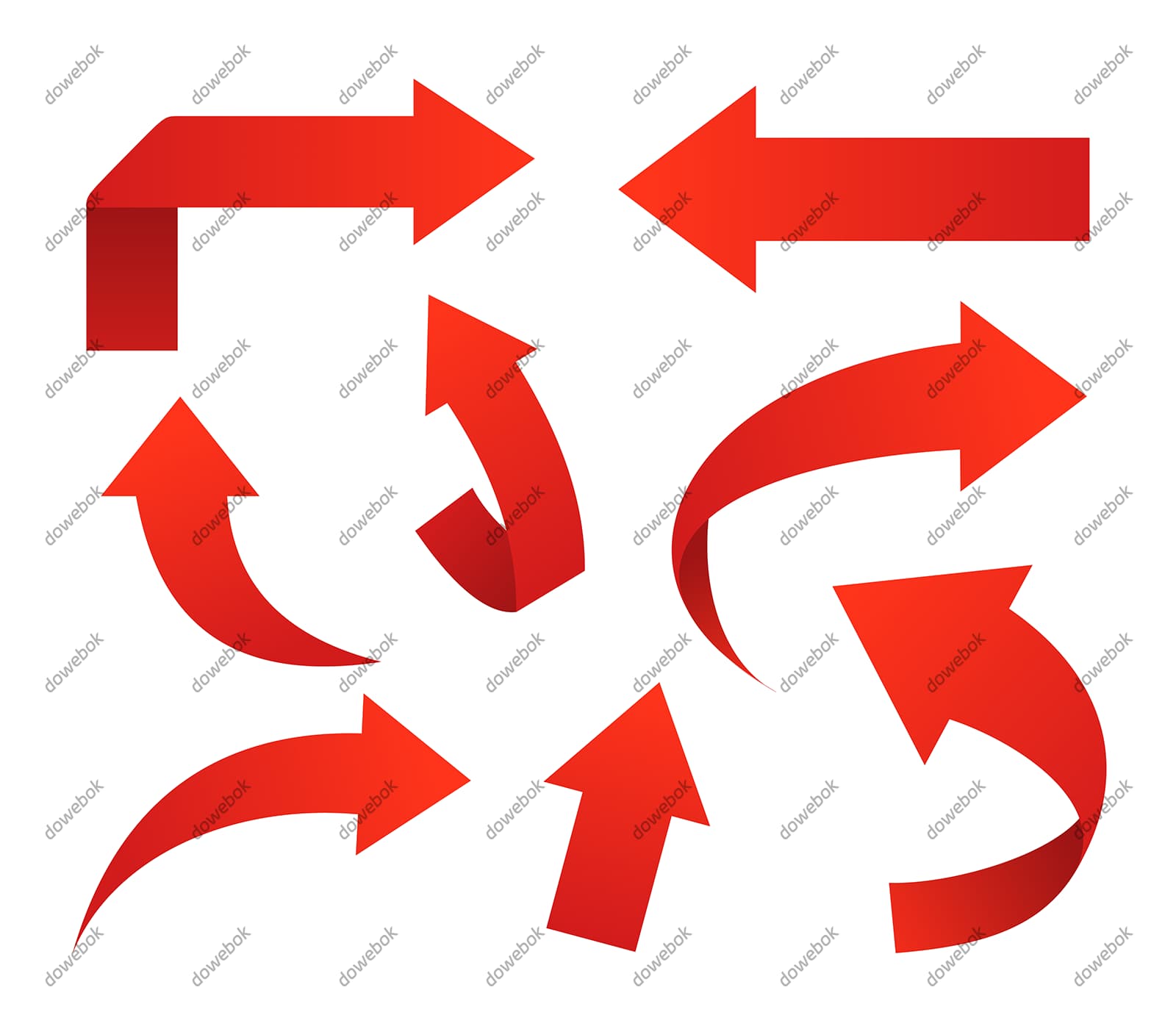 八个不同样式和方向的红色箭头矢量素材(EPS)