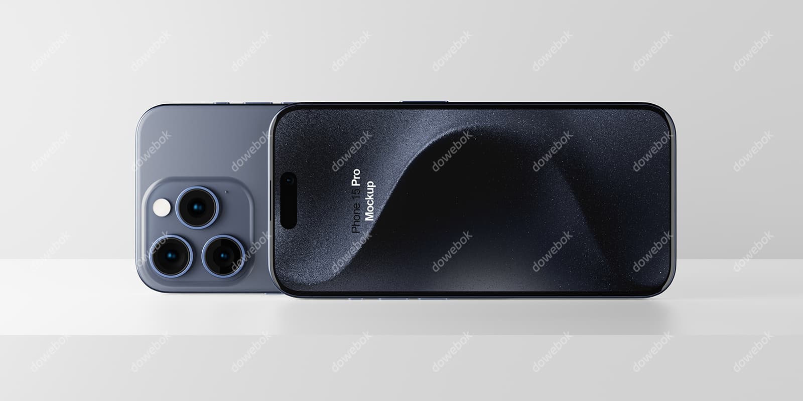 横着放的蓝色钛金属 iPhone 15 Pro Max 手机素材(PSD)