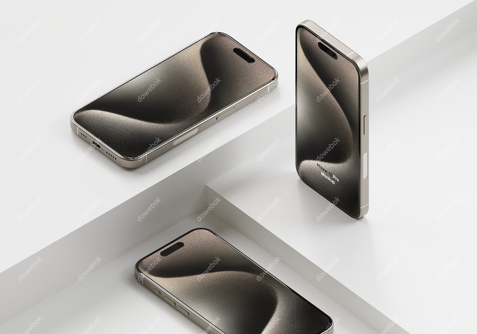 三台不同摆放姿势的原色钛金属 iPhone 15 Pro Max 手机素材(PSD)