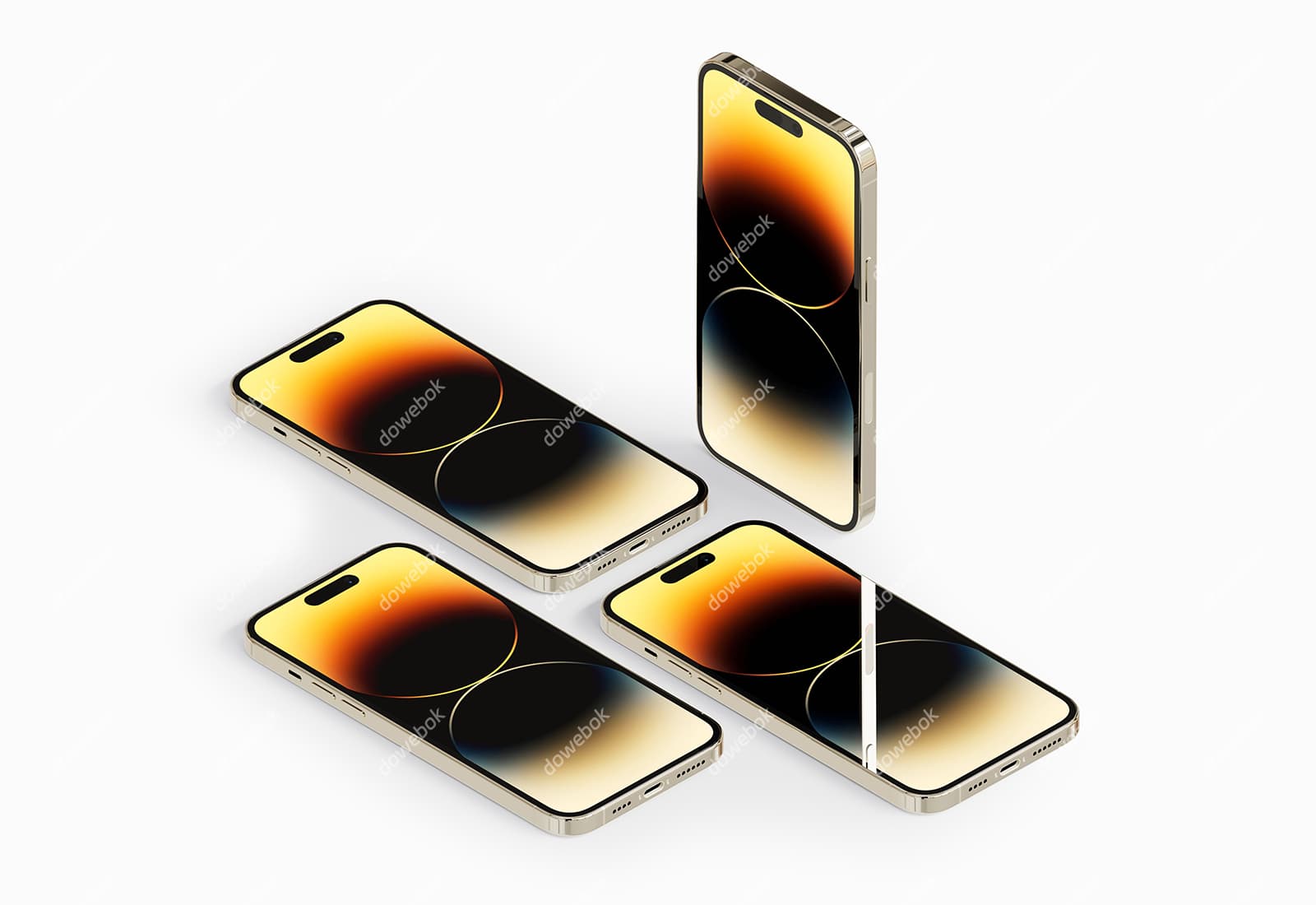 四台金色 iPhone 14 Pro Max 手机素材(PSD)