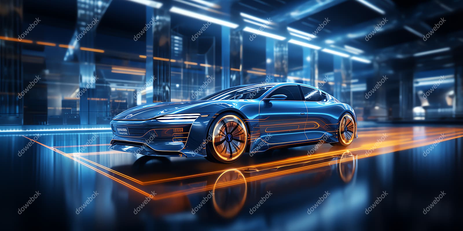 带有橙色光效的蓝色跑车图片素材(JPG)