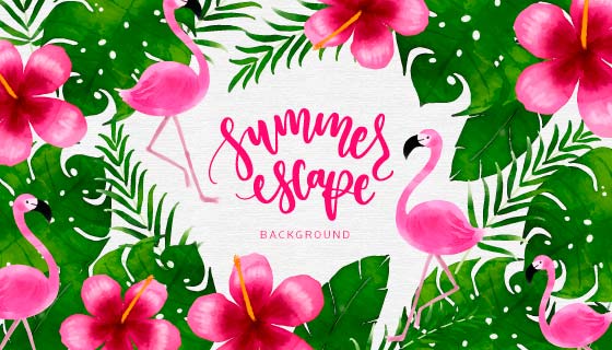 水彩植物和火烈鸟背景矢量素材(EPS/AI/PNG)