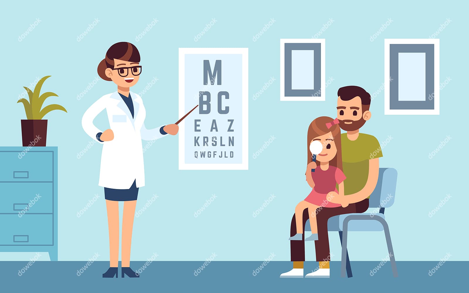 爸爸带着女儿在医院检查视力矢量素材(EPS)