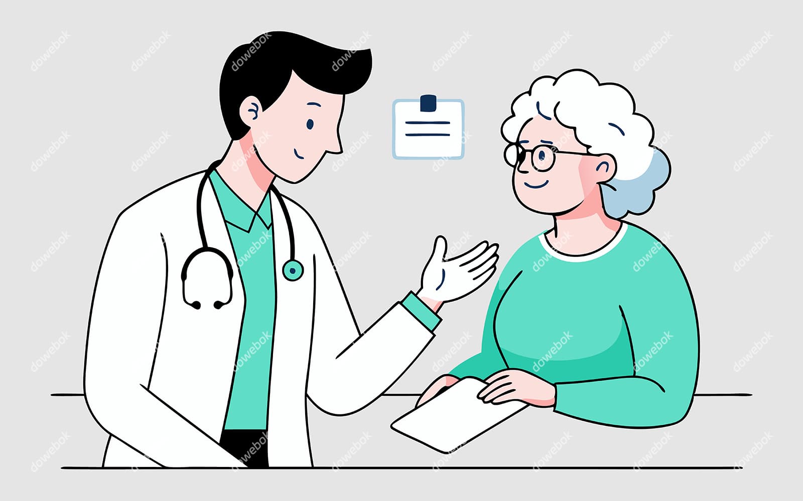 一位医生正在和一位老奶奶交谈插画矢量素材(EPS)