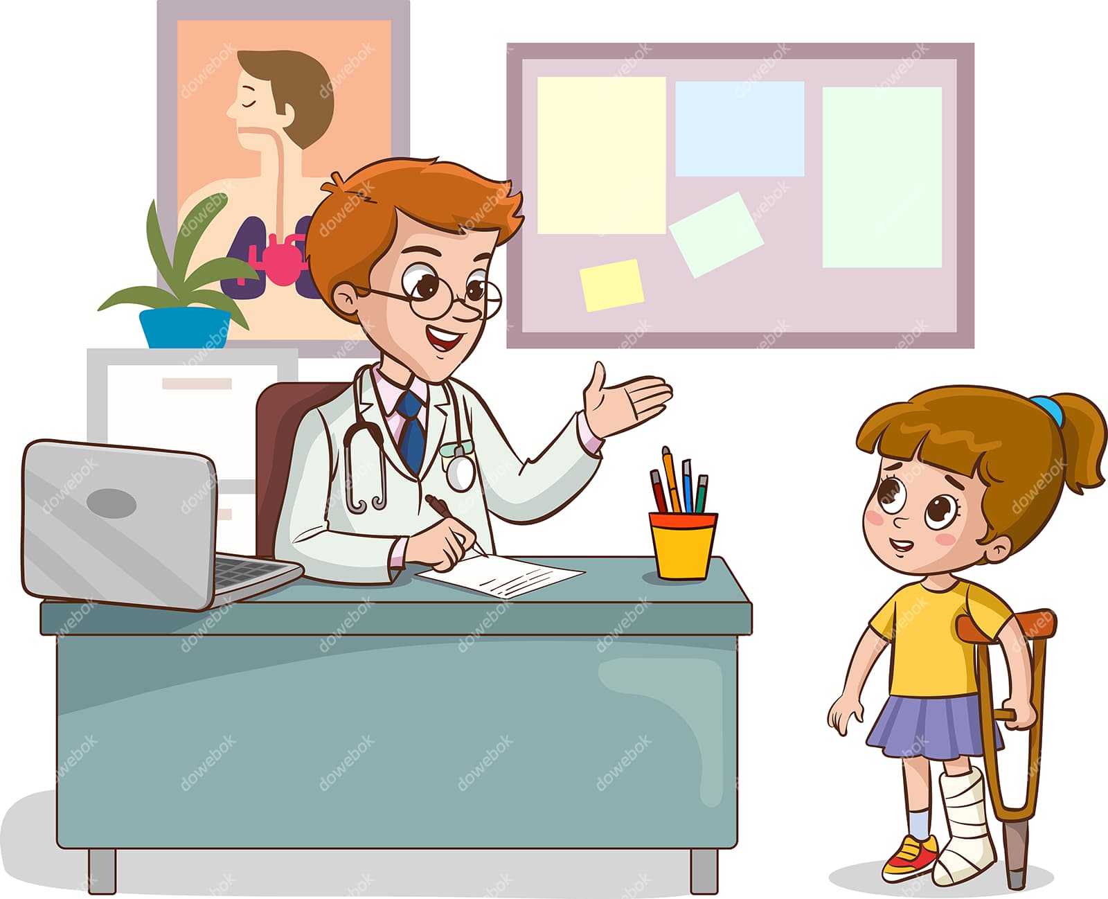 一位医生在和腿受伤的小女孩交谈矢量素材(EPS)