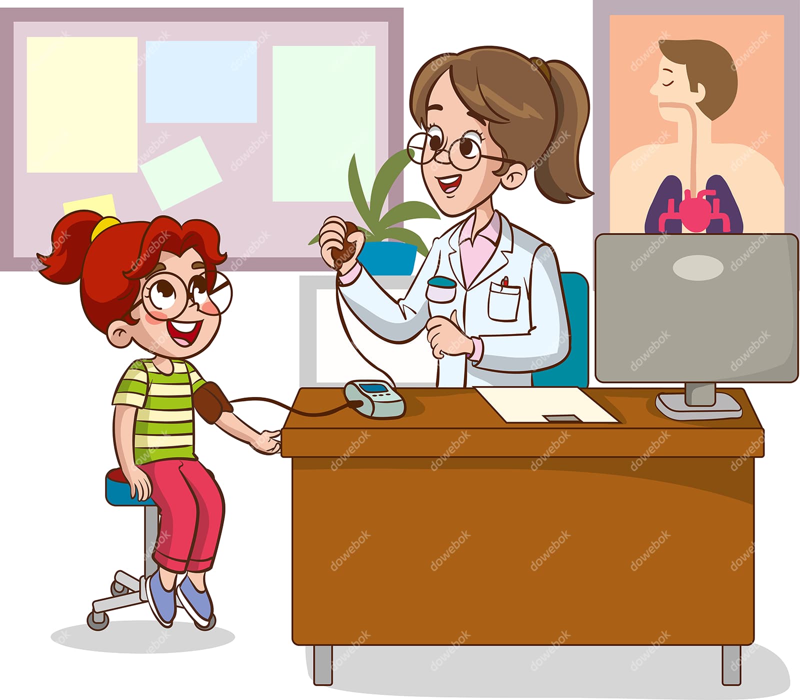 一位女医生给小女孩测血压矢量素材(EPS)