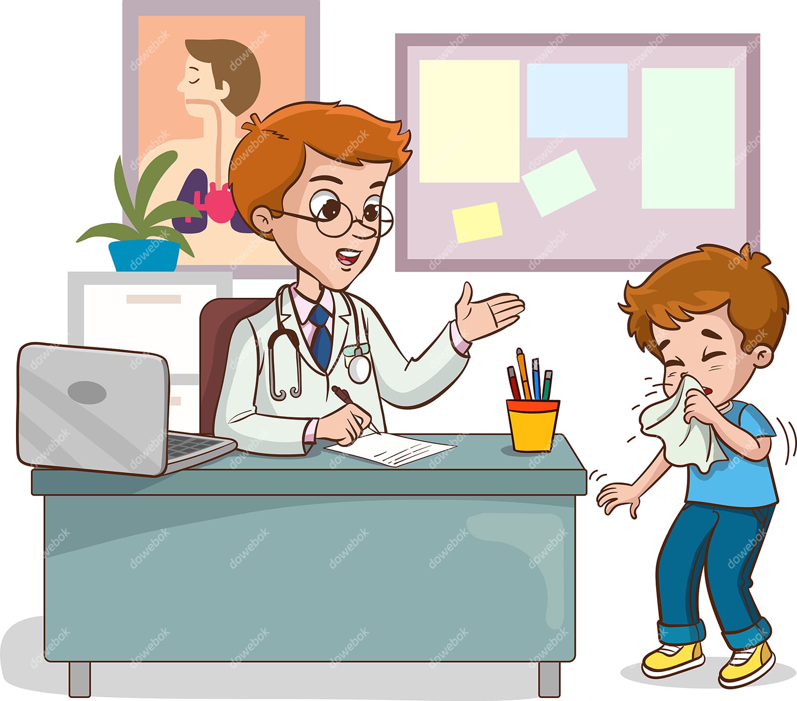 一位打喷嚏的小男孩来找医生就诊矢量素材(EPS)