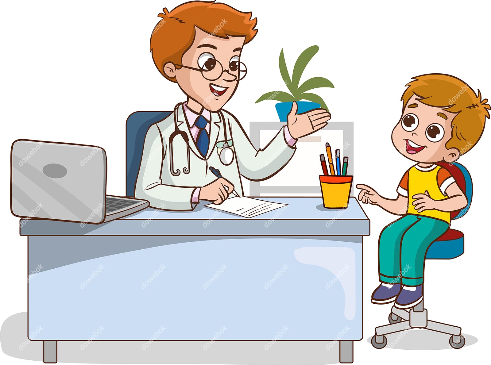一位男医生正在给一些小男孩就诊矢量素材(EPS)