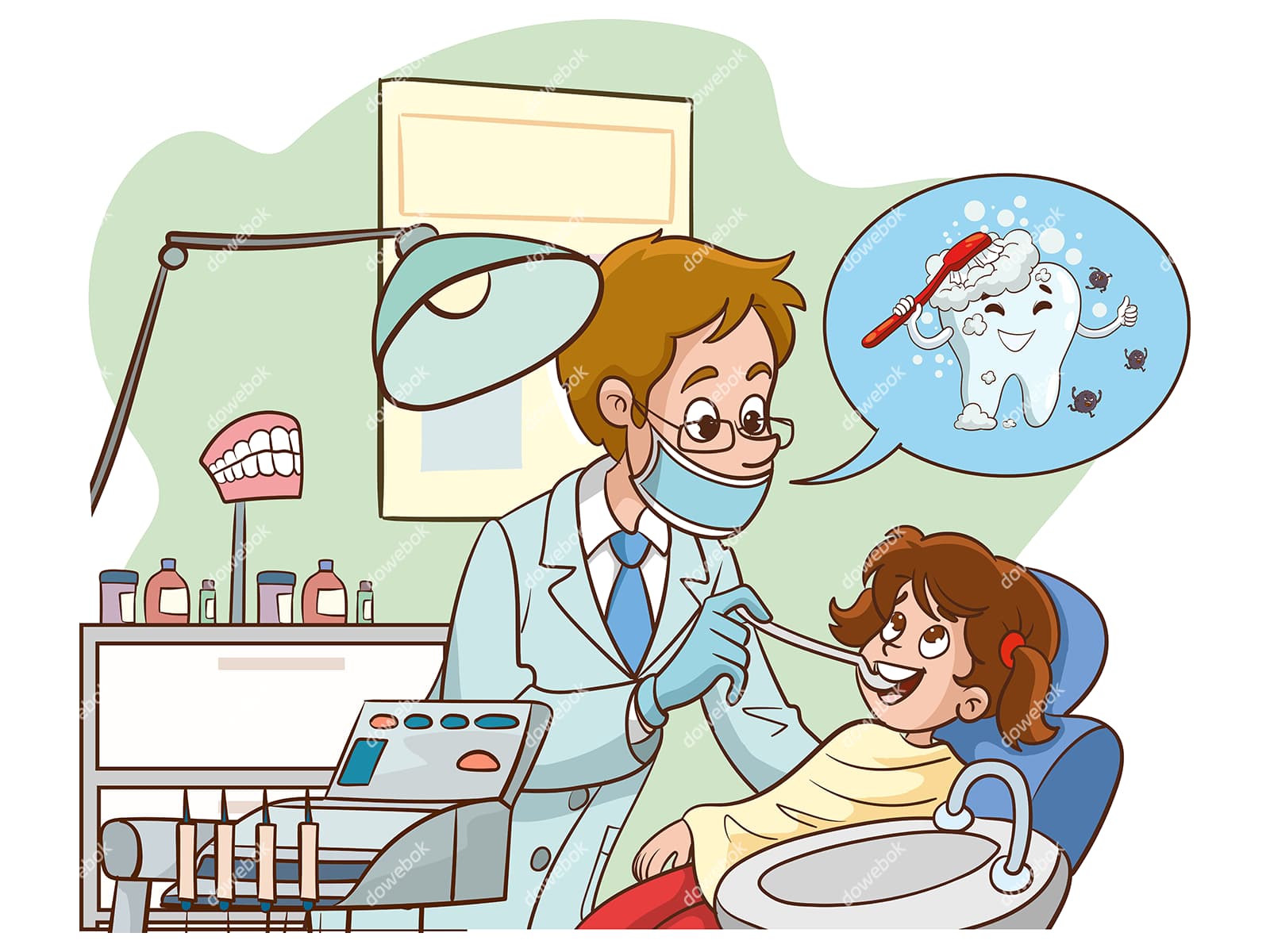 一位牙医在给小女孩检查牙齿矢量素材(EPS)