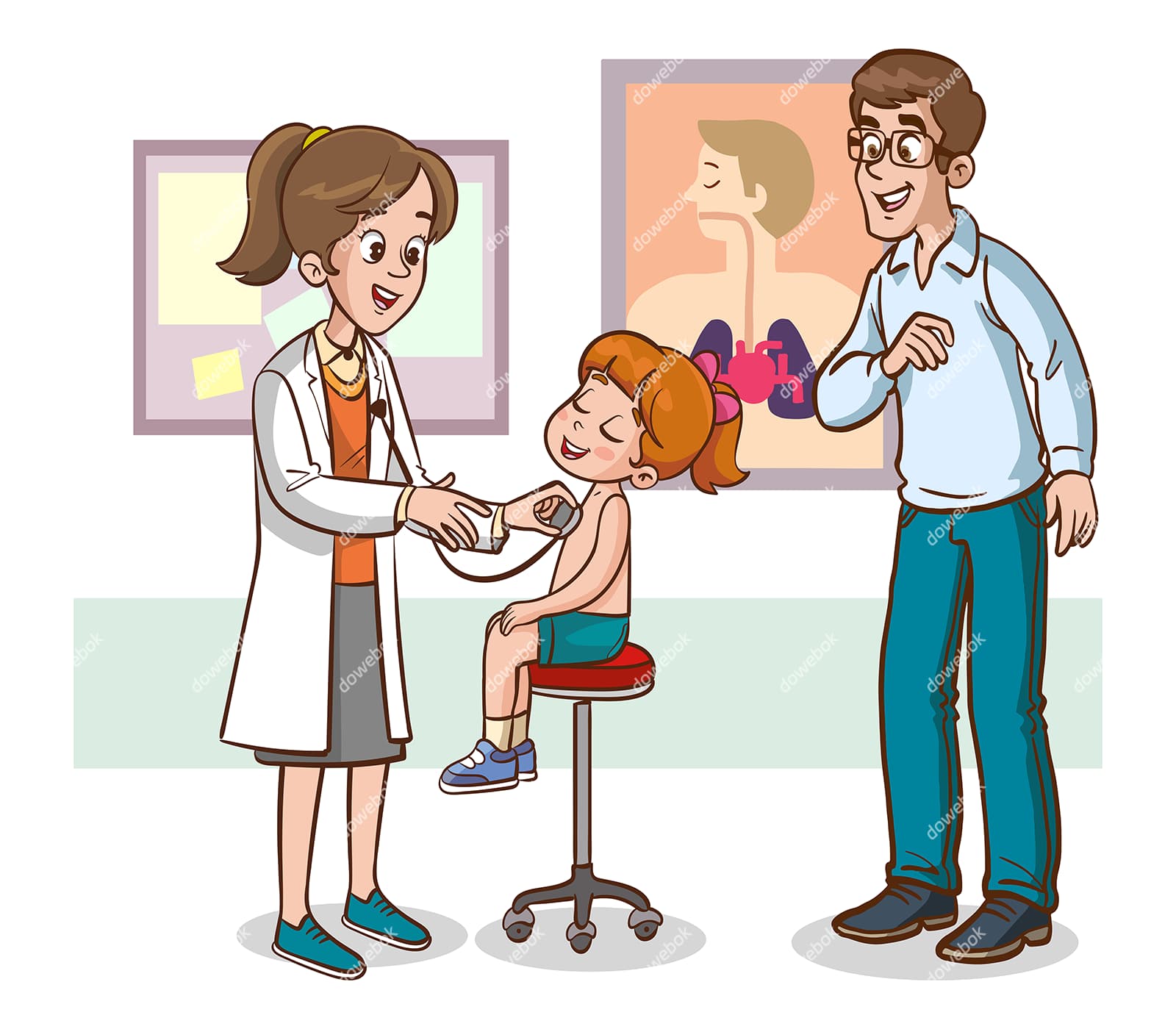 爸爸带女儿来儿童医院检查矢量素材(EPS)