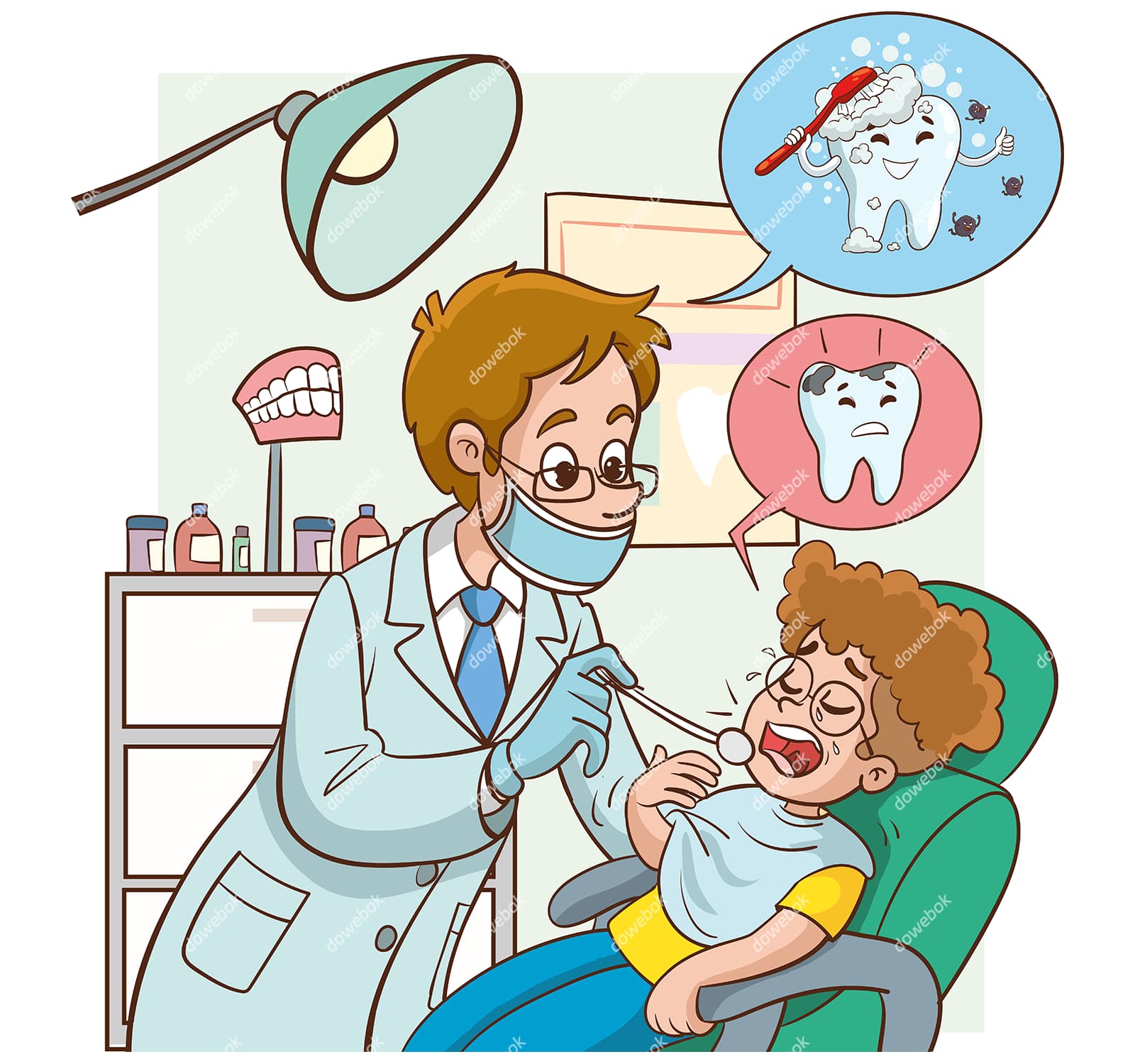 一位牙医给患者检查牙齿矢量素材(EPS)