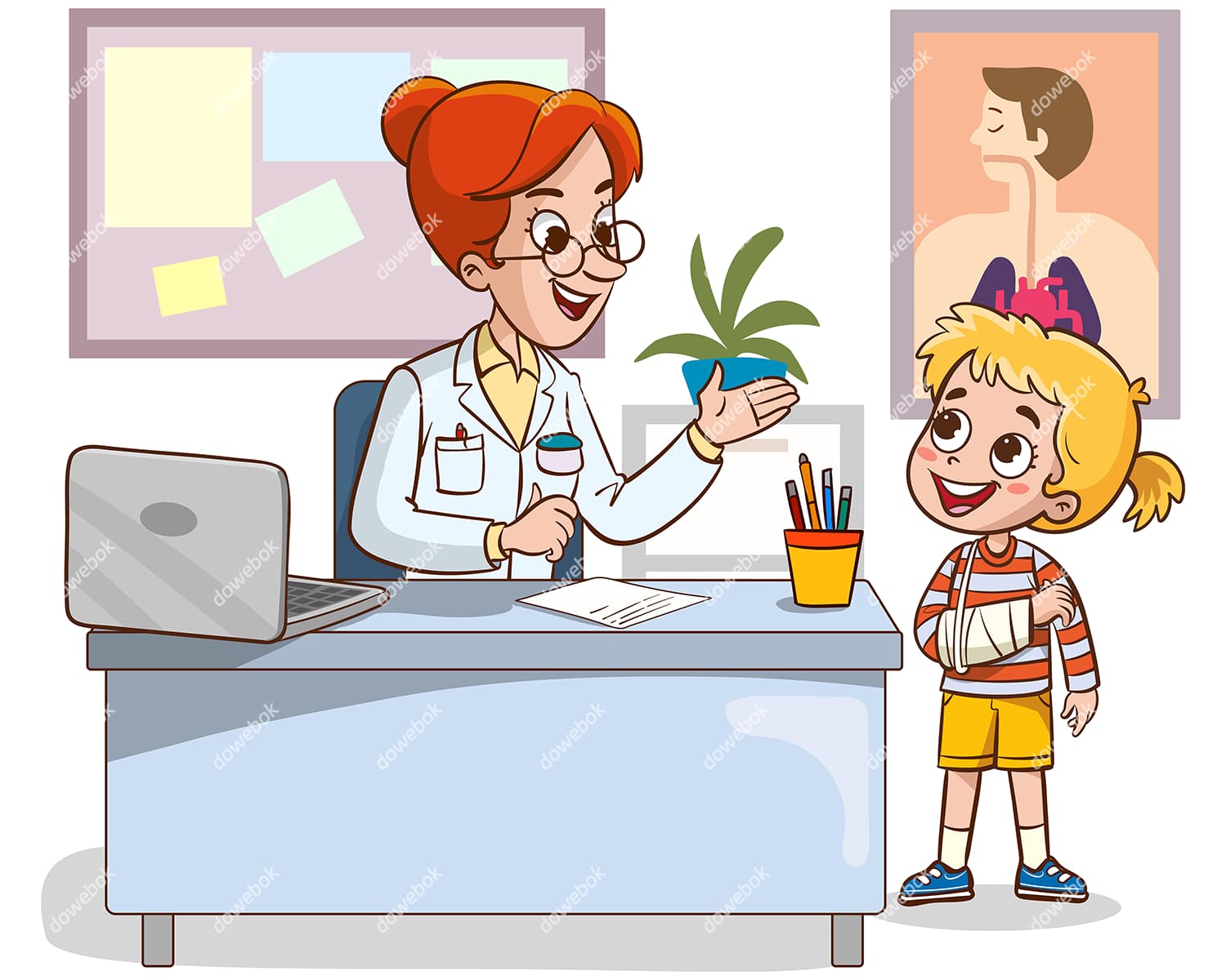 医生阿姨正在和手臂骨折的小女孩交谈矢量素材(EPS)