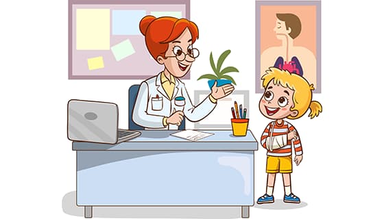 医生阿姨正在和手臂骨折的小女孩交谈矢量素材(EPS)