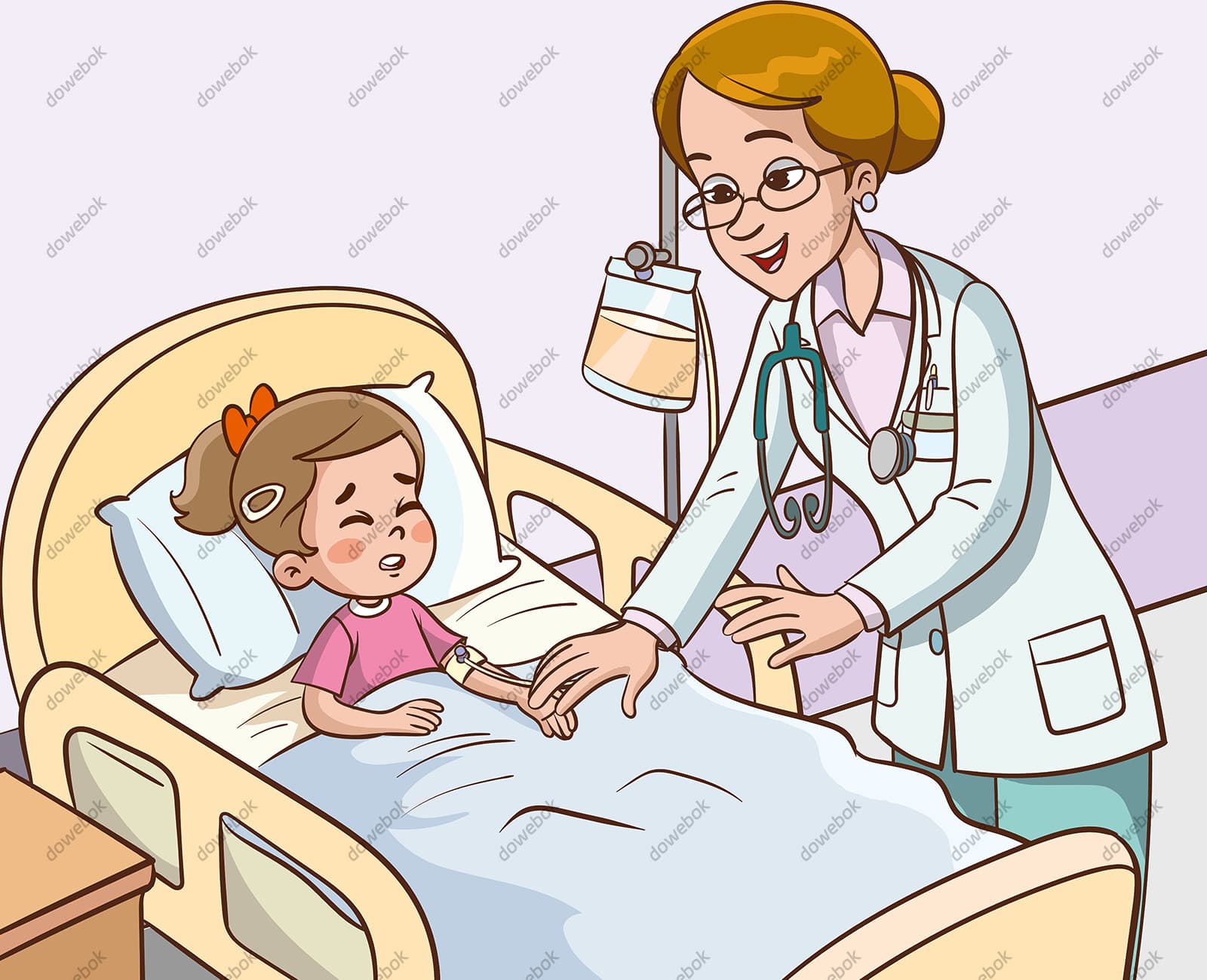 医生阿姨给不舒服的小女孩就诊矢量素材(EPS)