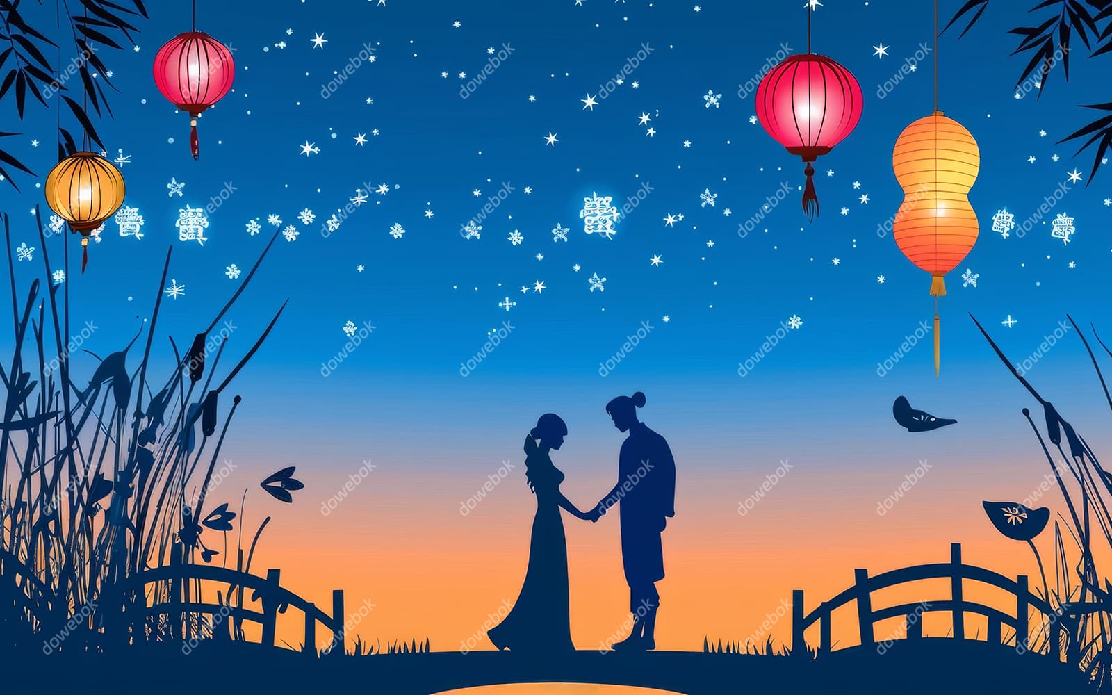 星空下牵手的恋人设计七夕节背景/壁纸图片素材(JPG)