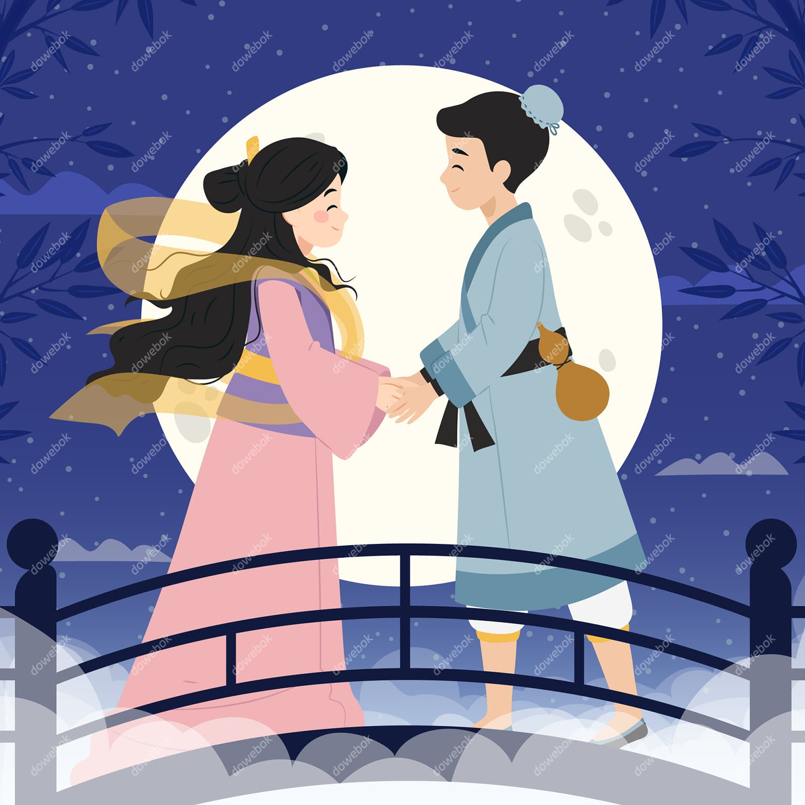 鹊桥上相会的牛郎织女设计七夕节背景/壁纸矢量素材(AI/EPS)