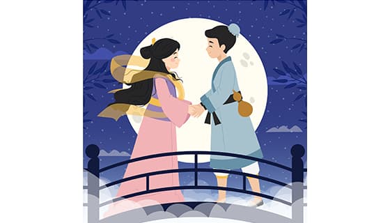 鹊桥上相会的牛郎织女设计七夕节背景/壁纸矢量素材(AI/EPS)