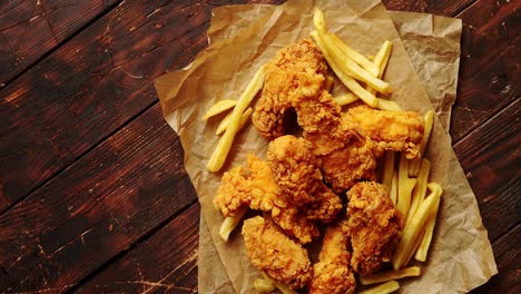 油纸上的炸鸡翅和薯条