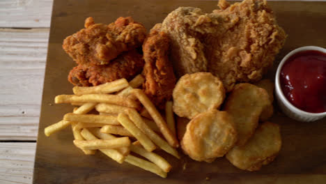 炸整鸡 / 炸鸡腿 / 炸鸡翅 / 薯条和番茄酱