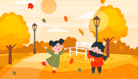 秋天公园玩耍的孩子矢量素材(EPS/AI)