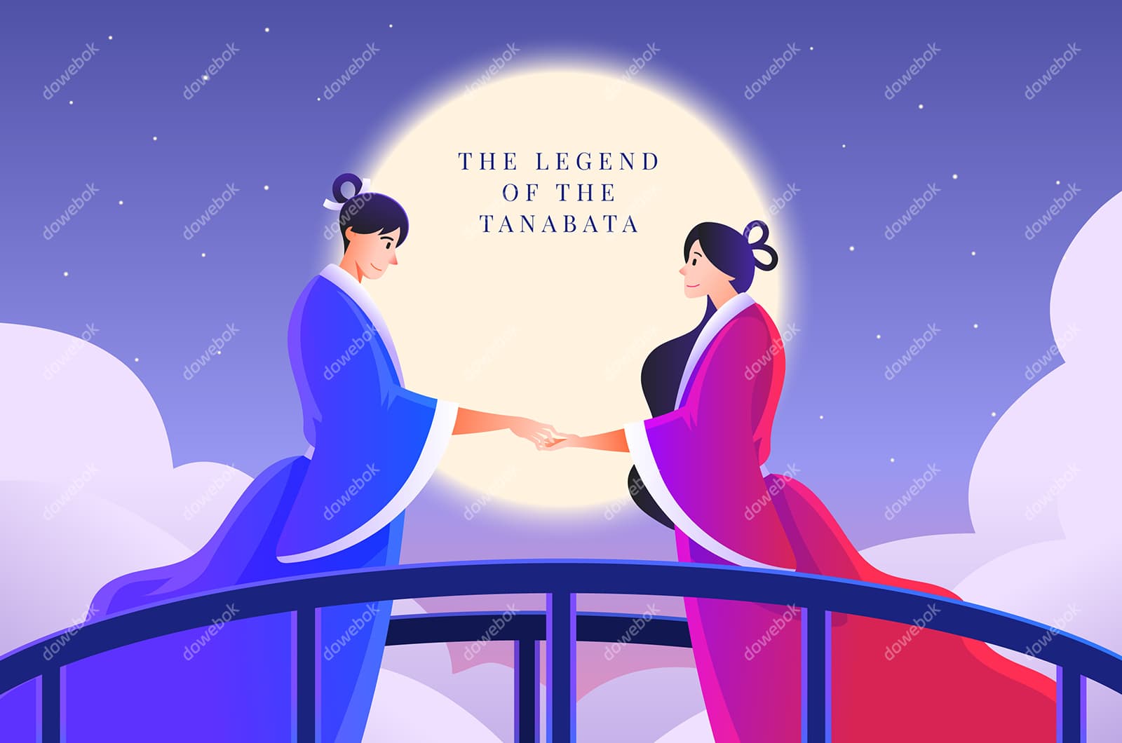 拱桥上牵手的牛郎织女设计七夕节背景/壁纸矢量素材(AI/EPS)