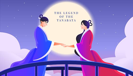 拱桥上牵手的牛郎织女设计七夕节背景/壁纸矢量素材(AI/EPS)