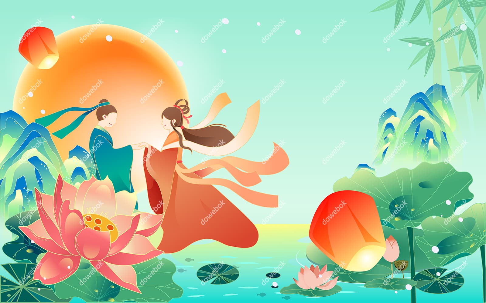 荷塘月色下相会的牛郎织女七夕节背景/壁纸矢量素材(EPS)