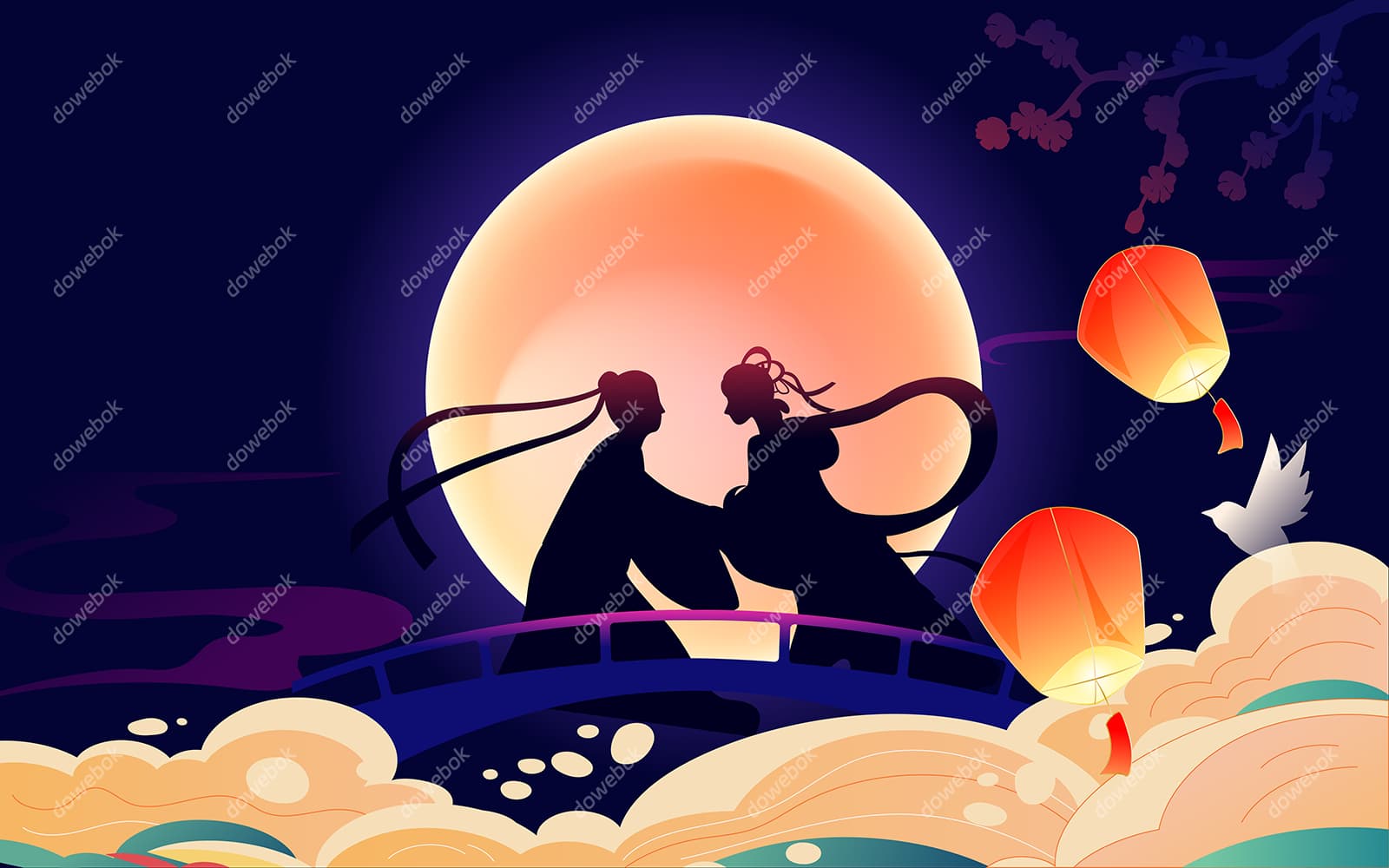 拱桥上相会的牛郎织女剪影七夕节矢量素材(EPS)