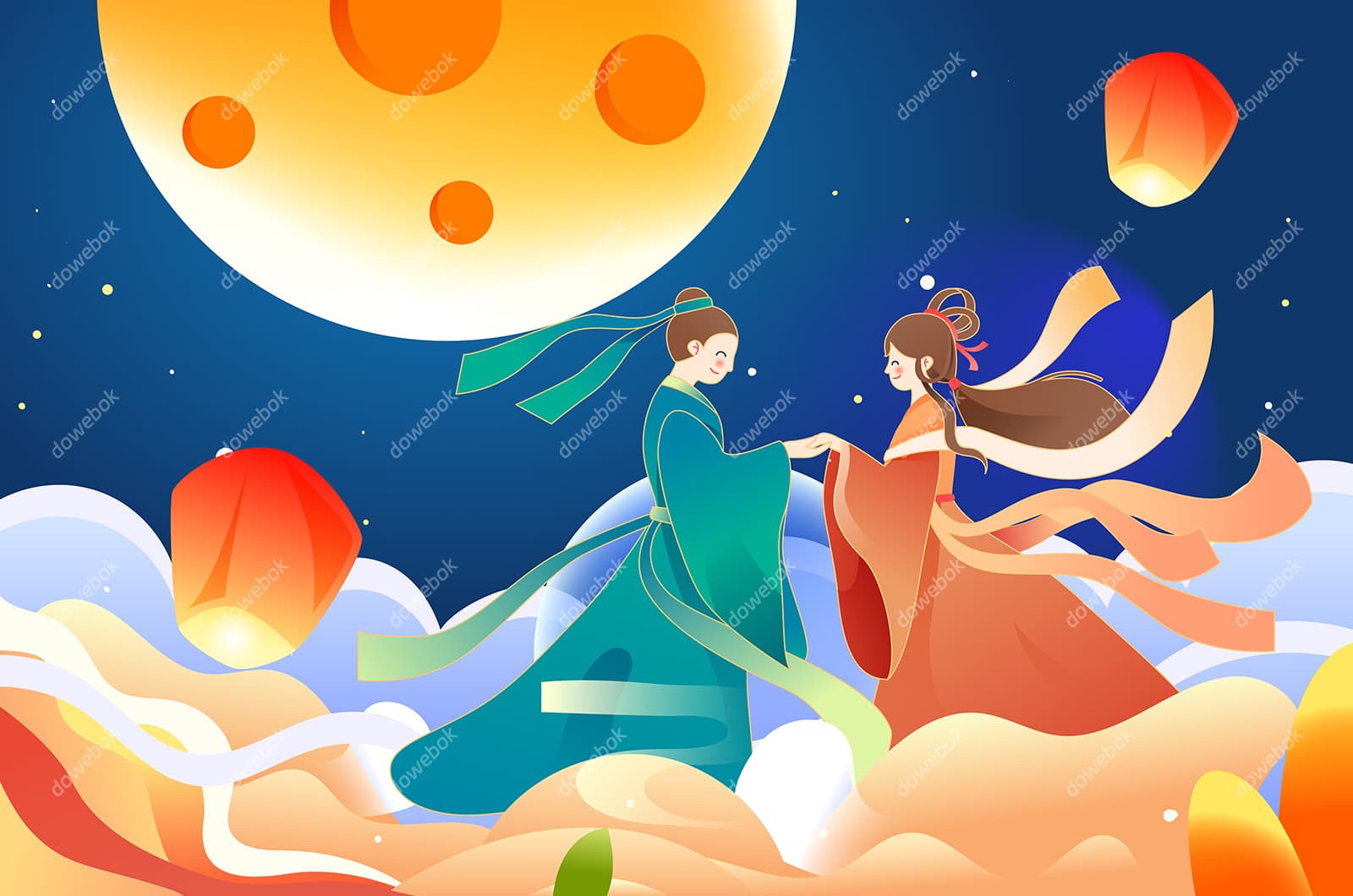 云朵上相会的牛郎织女七夕节背景/壁纸矢量素材(EPS)