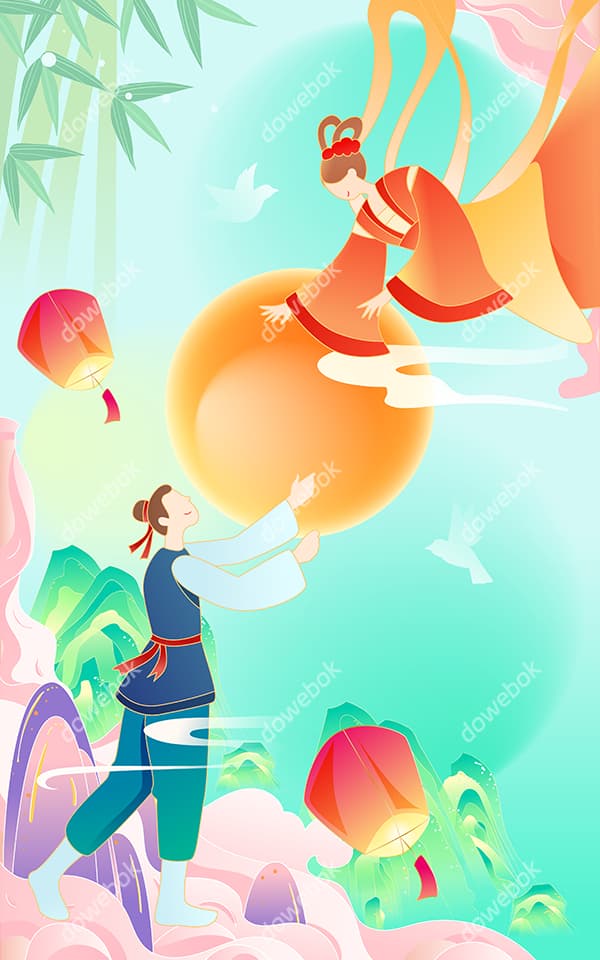 欢喜相会的牛郎织女七夕节海报矢量素材(EPS)