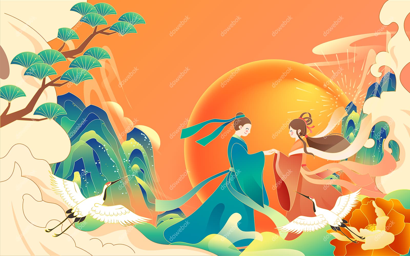 欢喜相会的牛郎织女七夕节背景/壁纸矢量素材(EPS)